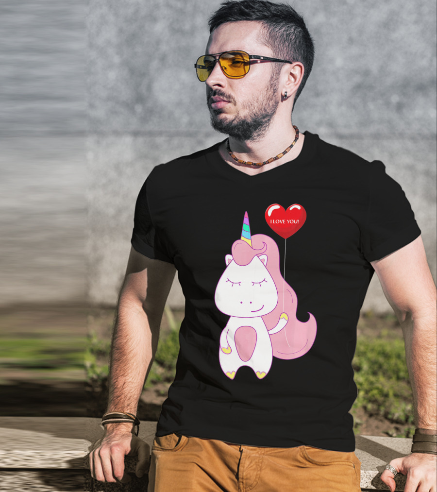 Unicorn Holding Heart Balloon With I Love You Message Valentine T-Shirt