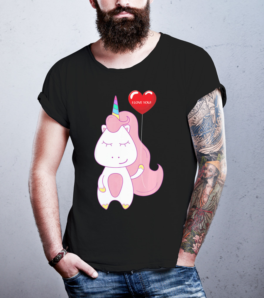 Unicorn Holding Heart Balloon With I Love You Message Valentine T-Shirt