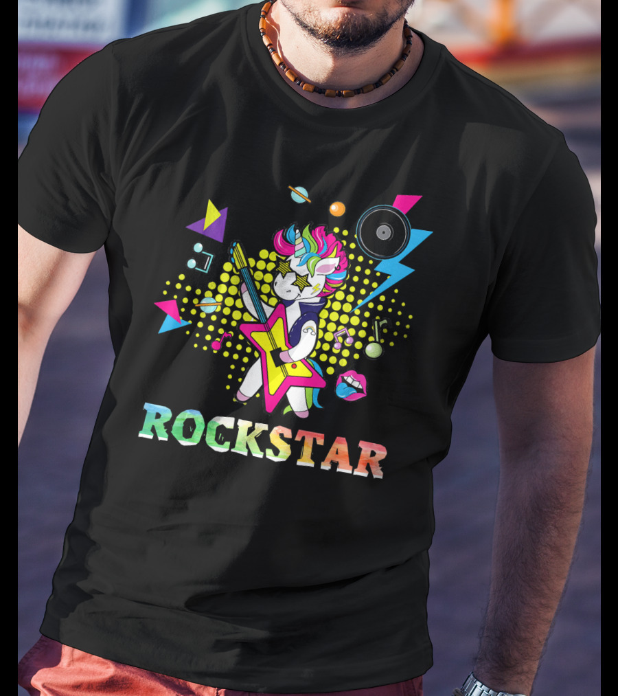 Unicorn Rock Star With Guitar Colorful Music Elements And Neon Symbols T-Shirt