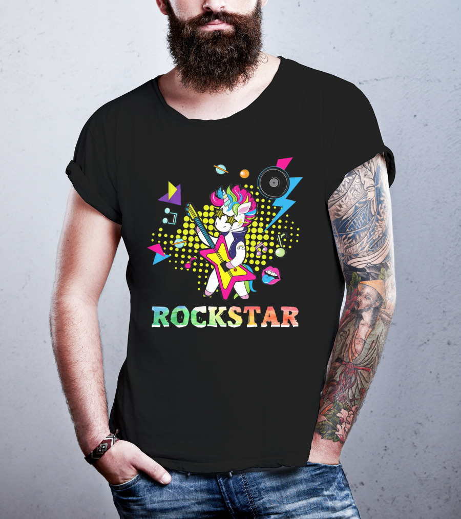 Unicorn Rock Star With Guitar Colorful Music Elements And Neon Symbols T-Shirt