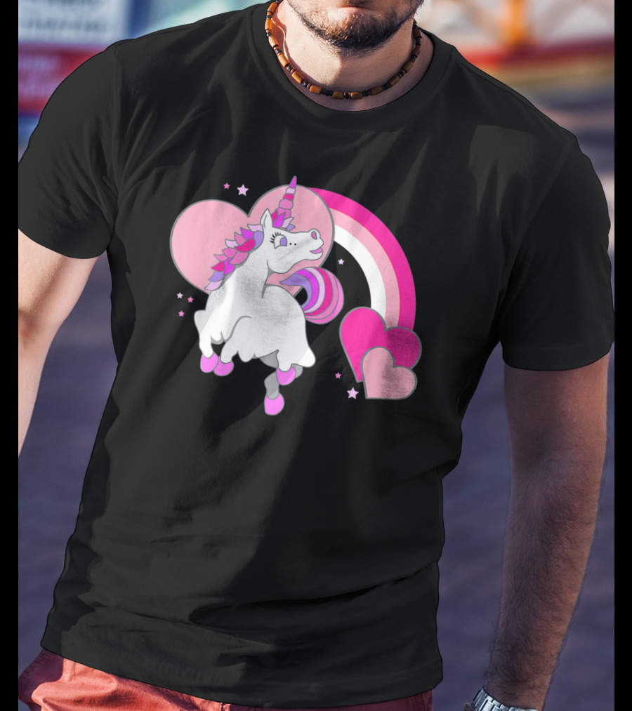 Unicorn Valentines Day Heart Rainbow Pink Stars T-Shirt