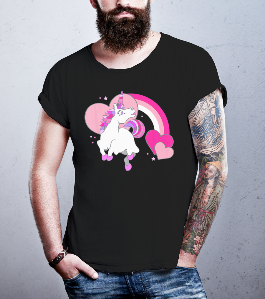 Unicorn Valentines Day Heart Rainbow Pink Stars T-Shirt