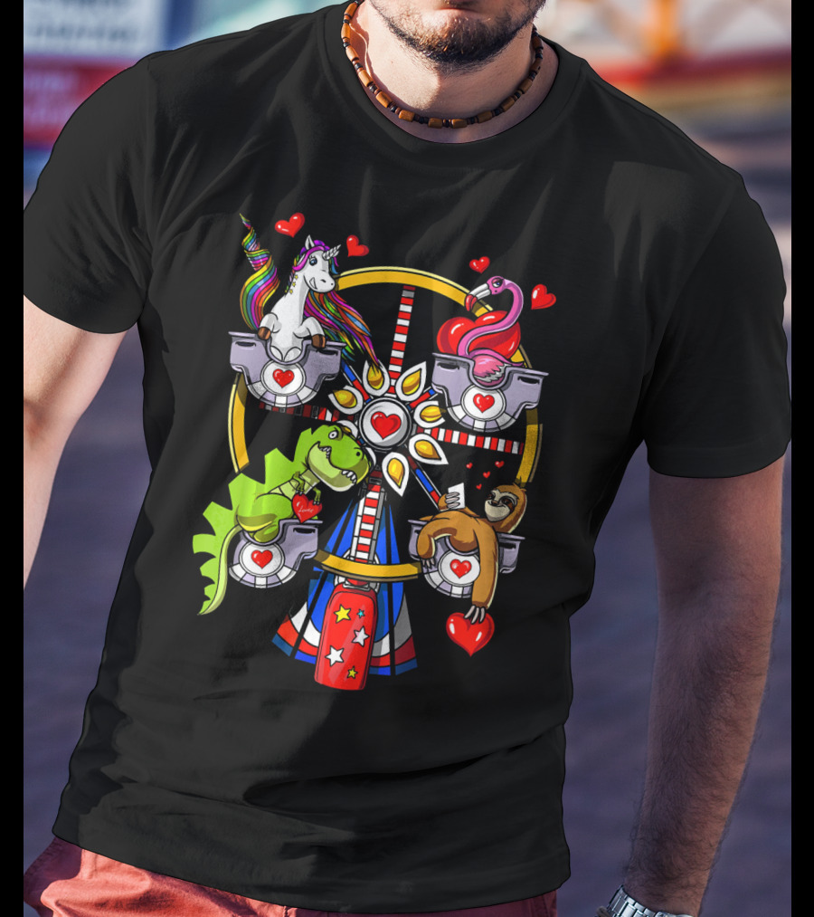Unicorn Rex Dinosaur Sloth Flamingo Ferris Wheel Love Hearts T-Shirt
