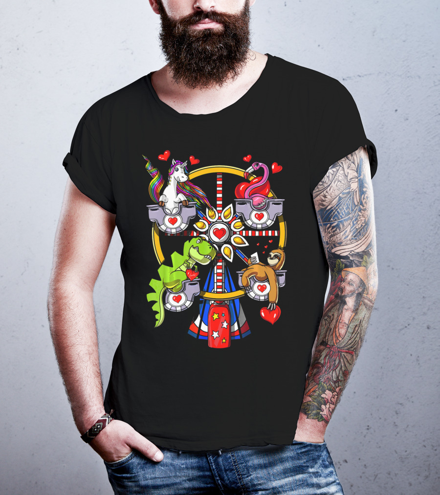 Unicorn Rex Dinosaur Sloth Flamingo Ferris Wheel Love Hearts T-Shirt
