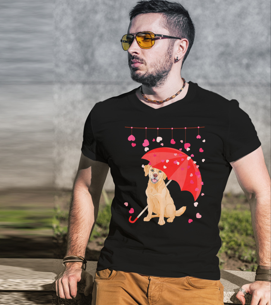 Labrador Retriever Under Umbrella With Falling Hearts Valentine's Day T-Shirt