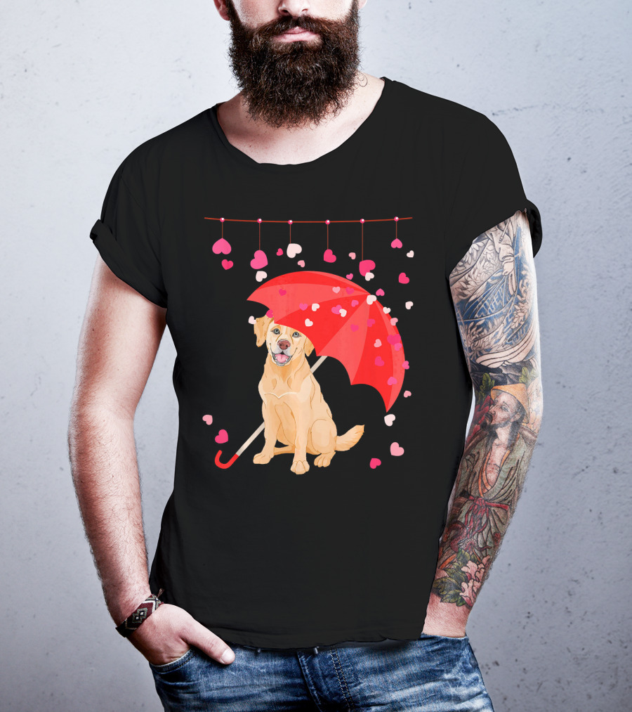 Labrador Retriever Under Umbrella With Falling Hearts Valentine's Day T-Shirt