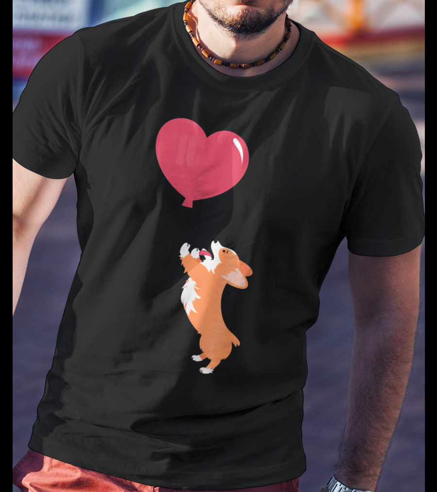 Little Corgi Puppy Dog Reaching For Red Heart Balloon T-Shirt