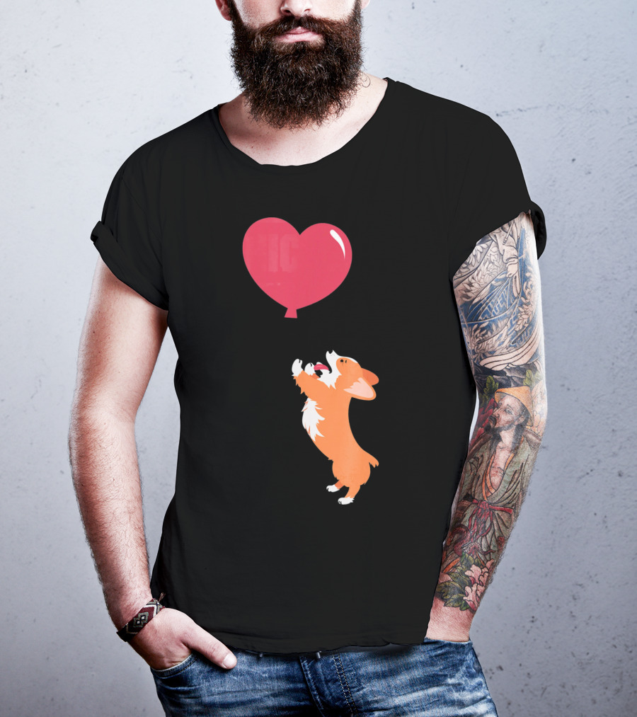 Little Corgi Puppy Dog Reaching For Red Heart Balloon T-Shirt