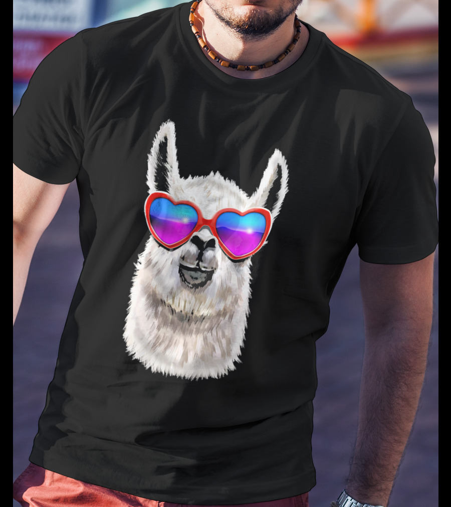 Llama Valentine's Day Heart Sunglasses Fashion T-Shirt
