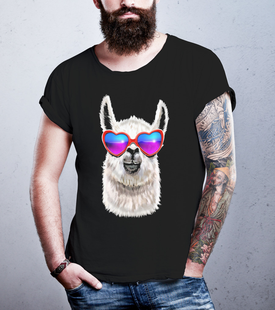 Llama Valentine's Day Heart Sunglasses Fashion T-Shirt