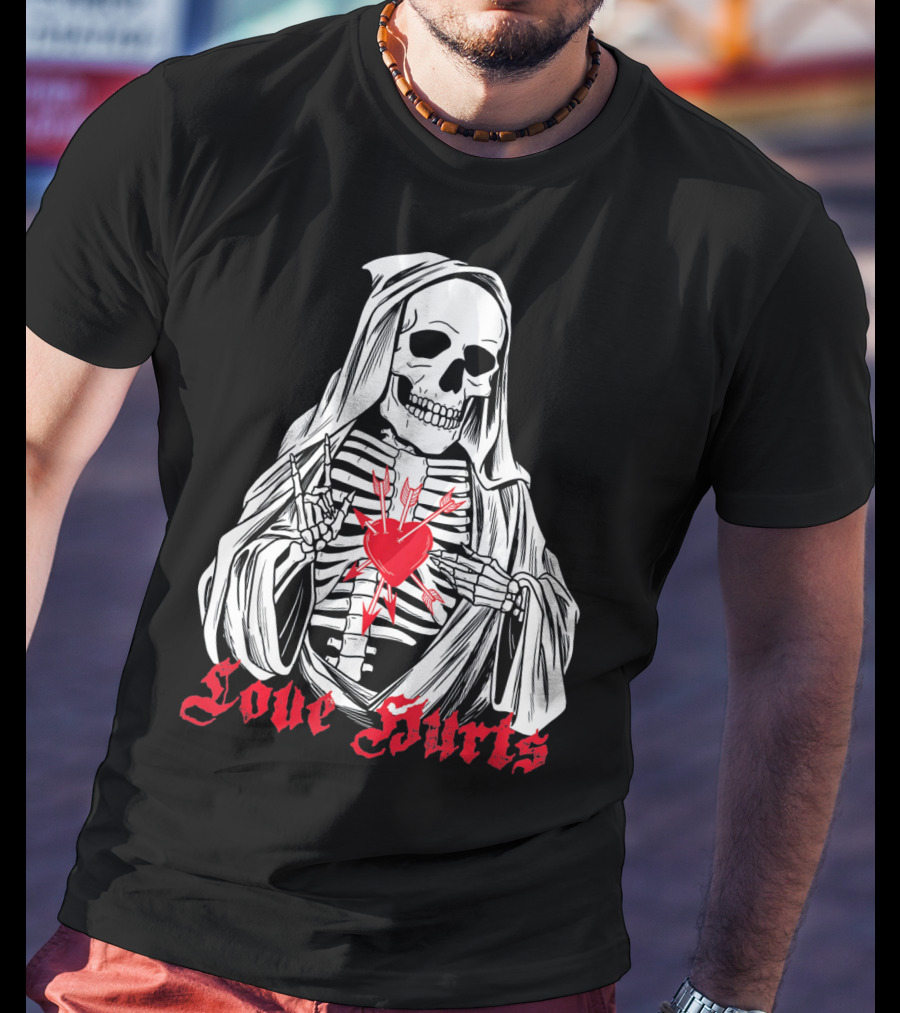 Love Hurts Grim Reaper Skull Heart Arrows Death T-Shirt