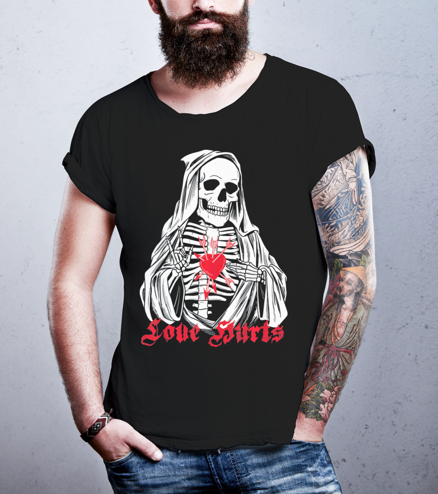 Love Hurts Grim Reaper Skull Heart Arrows Death T-Shirt