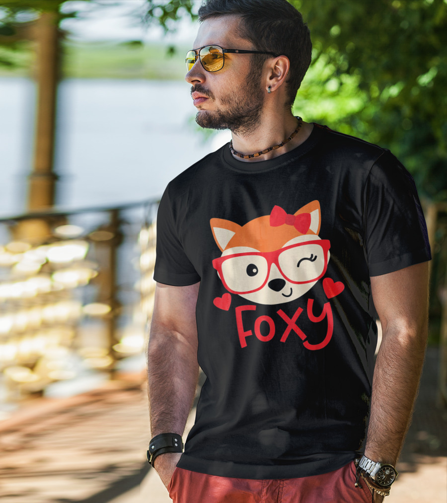 Foxy Cute Winking Fox With Glasses And Bow Valentine Hearts T-Shirt