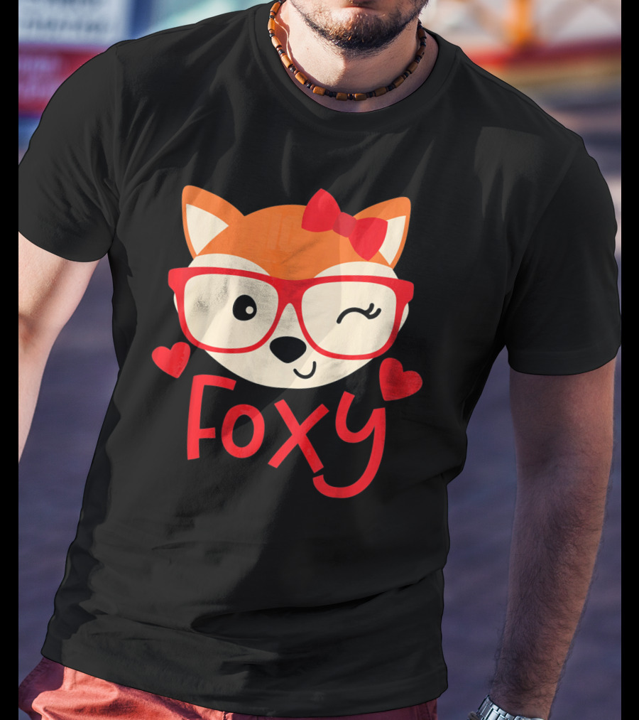 Foxy Cute Winking Fox With Glasses And Bow Valentine Hearts T-Shirt