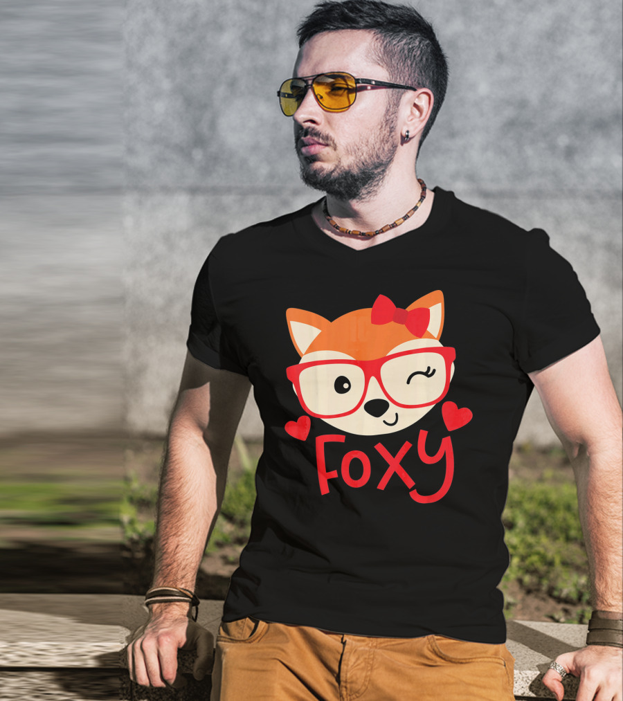 Foxy Cute Winking Fox With Glasses And Bow Valentine Hearts T-Shirt