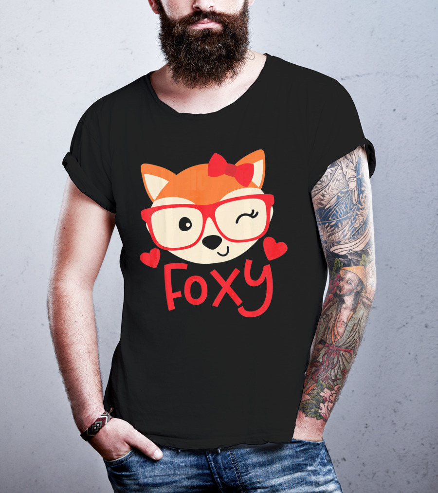 Foxy Cute Winking Fox With Glasses And Bow Valentine Hearts T-Shirt