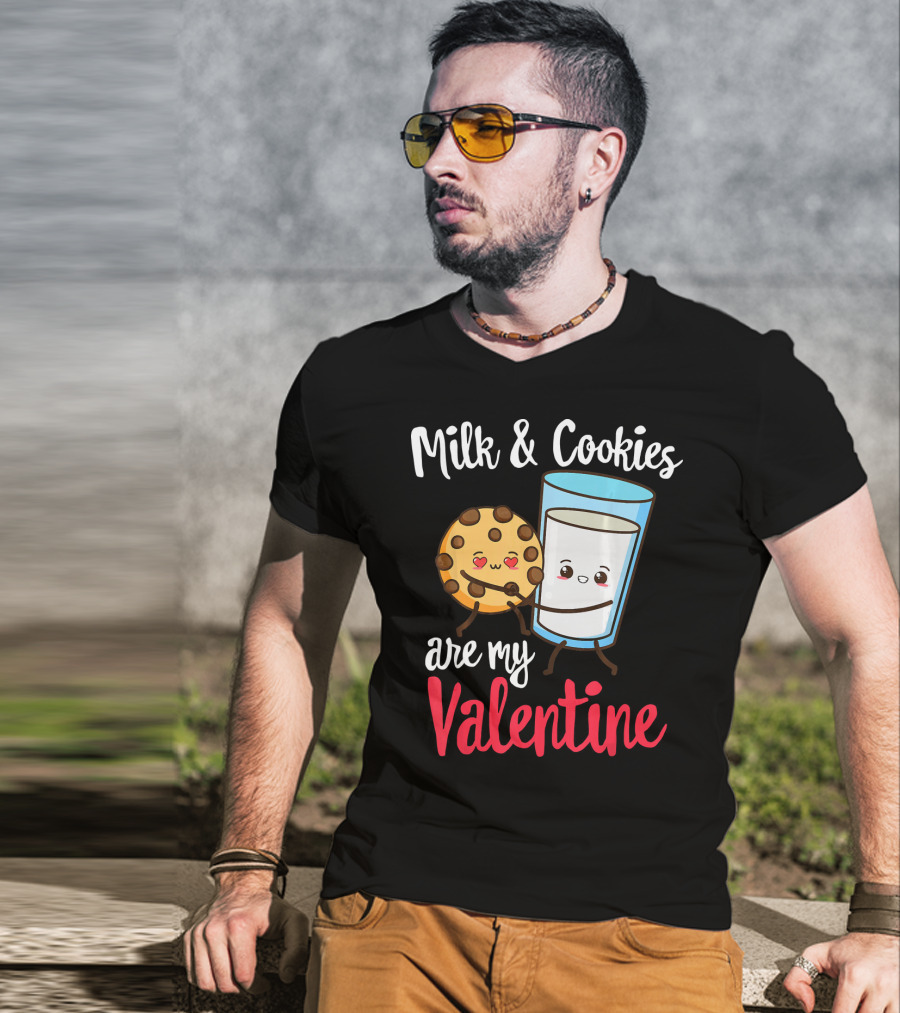 Milk And Cookies Are My Valentine Funny Kawaii Cute Emoji T-Shirt