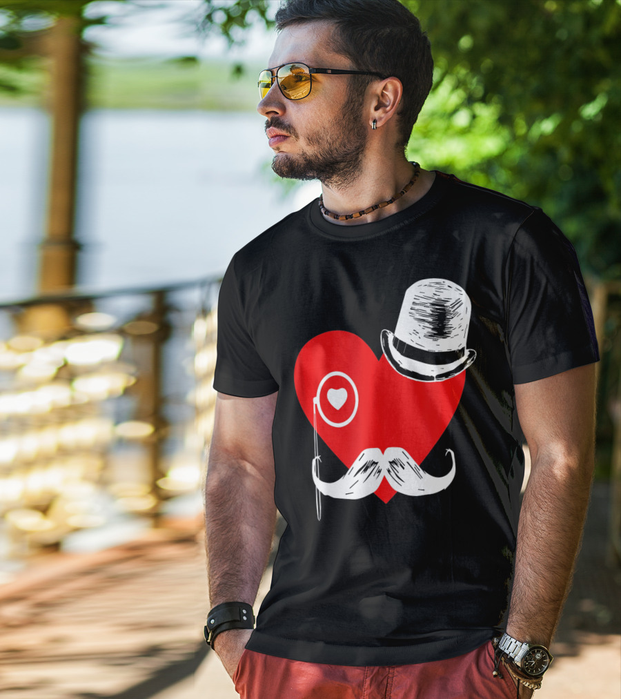 Heart Mustache Monocle Top Hat Valentines Day T-Shirt