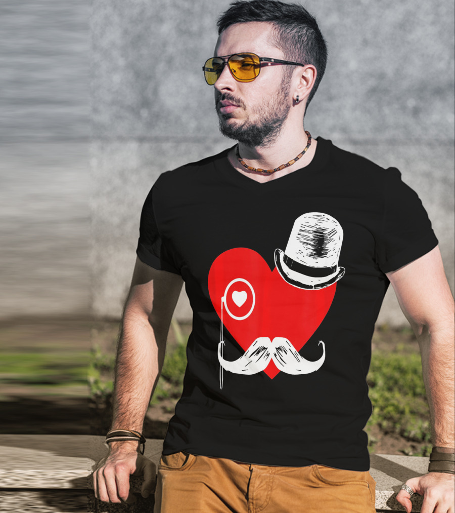 Heart Mustache Monocle Top Hat Valentines Day T-Shirt