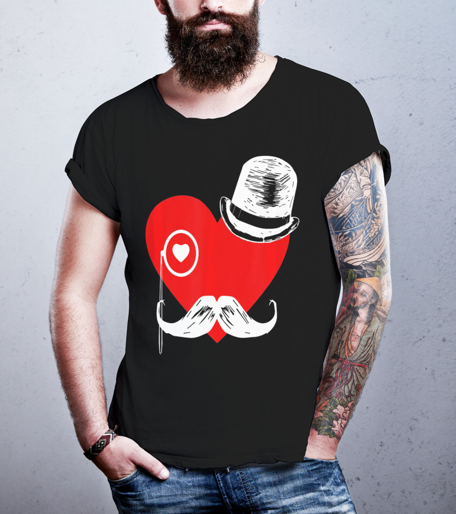 Heart Mustache Monocle Top Hat Valentines Day T-Shirt