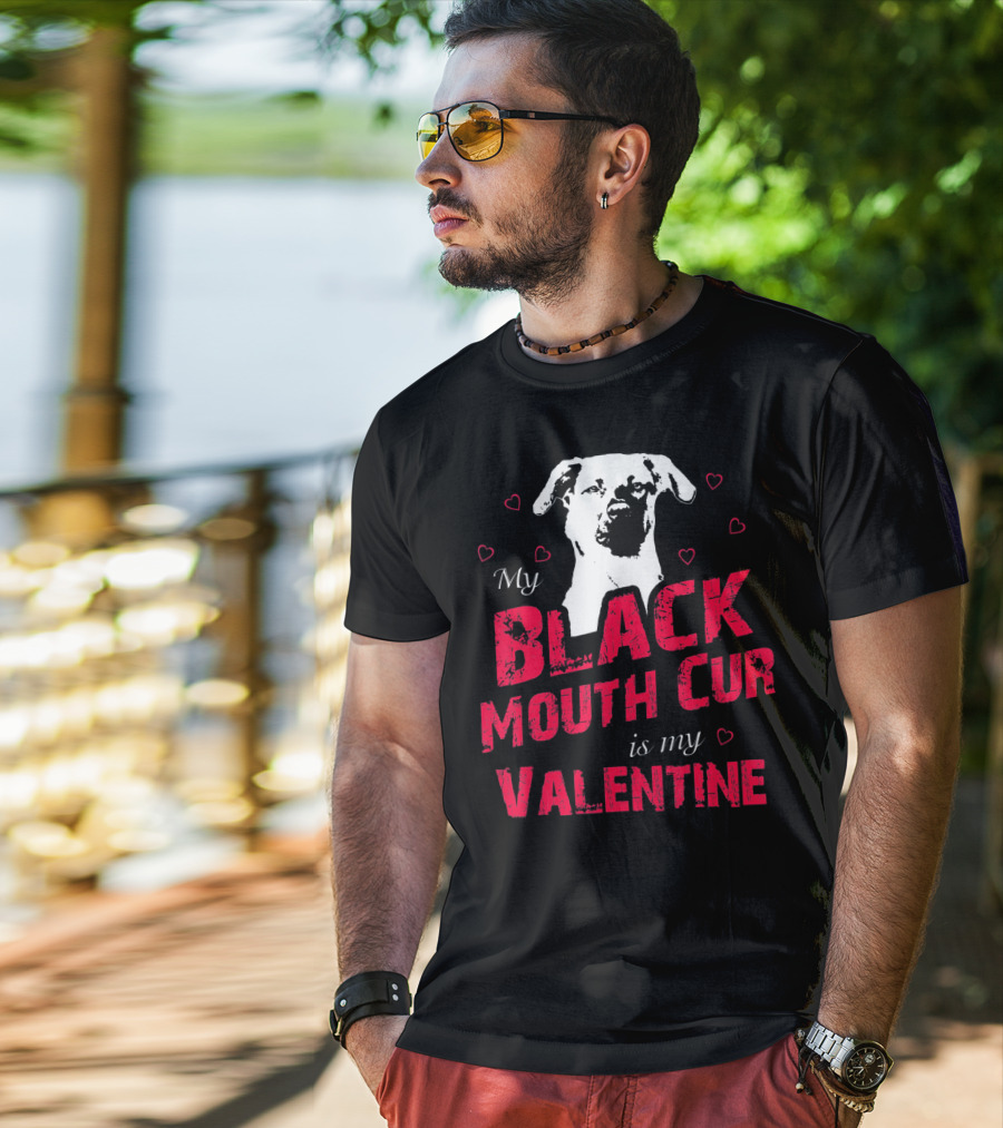 My Black Mouth Cur Is My Valentine Dog With Hearts T-Shirt