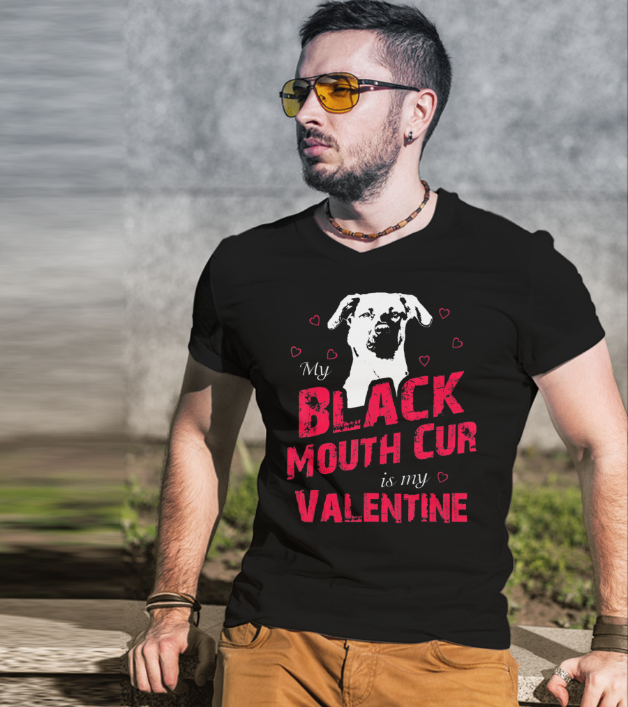 My Black Mouth Cur Is My Valentine Dog With Hearts T-Shirt