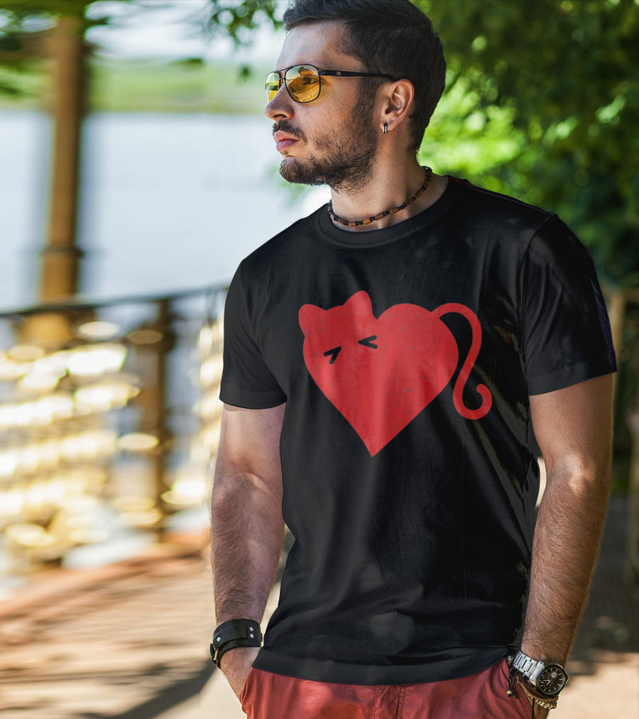 My Cat Is My Valentine Red Heart Distressed Cat Face Tail T-Shirt