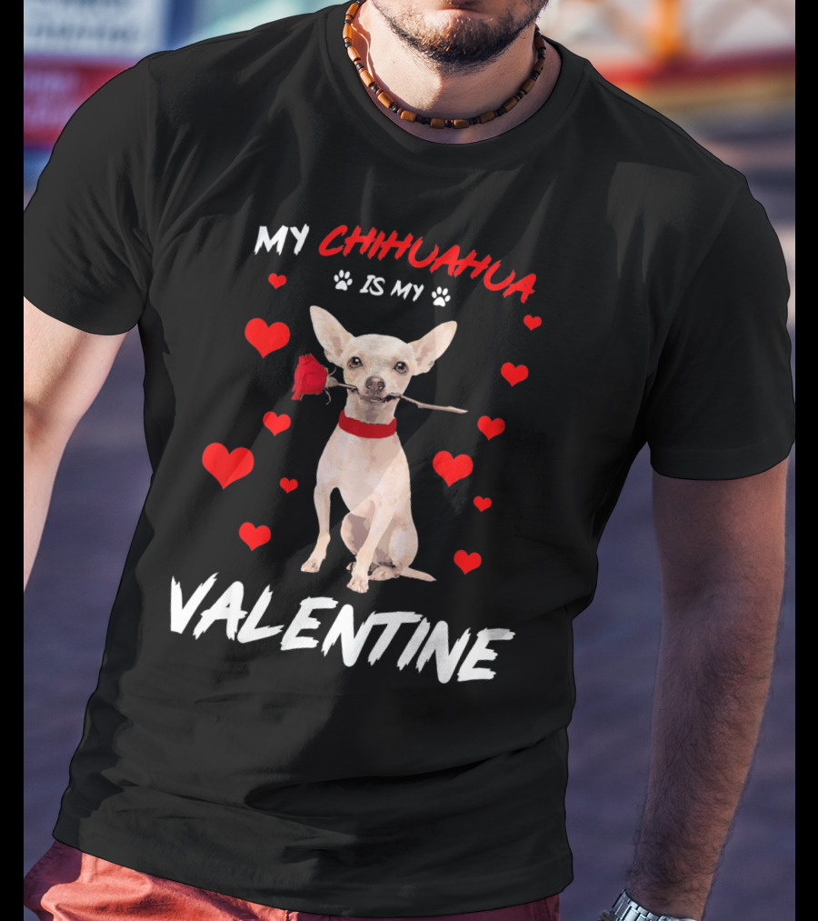My Chihuahua Is My Valentine Raining Hearts Red Rose T-Shirt
