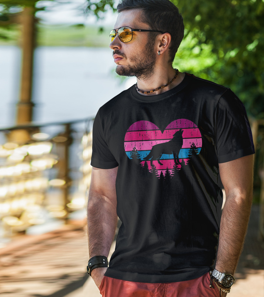 Wolf Girl Valentines Day Heart Silhouette With Howling Wolf And Forest Horizon T-Shirt