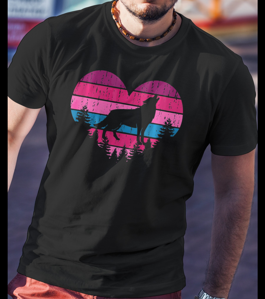 Wolf Girl Valentines Day Heart Silhouette With Howling Wolf And Forest Horizon T-Shirt