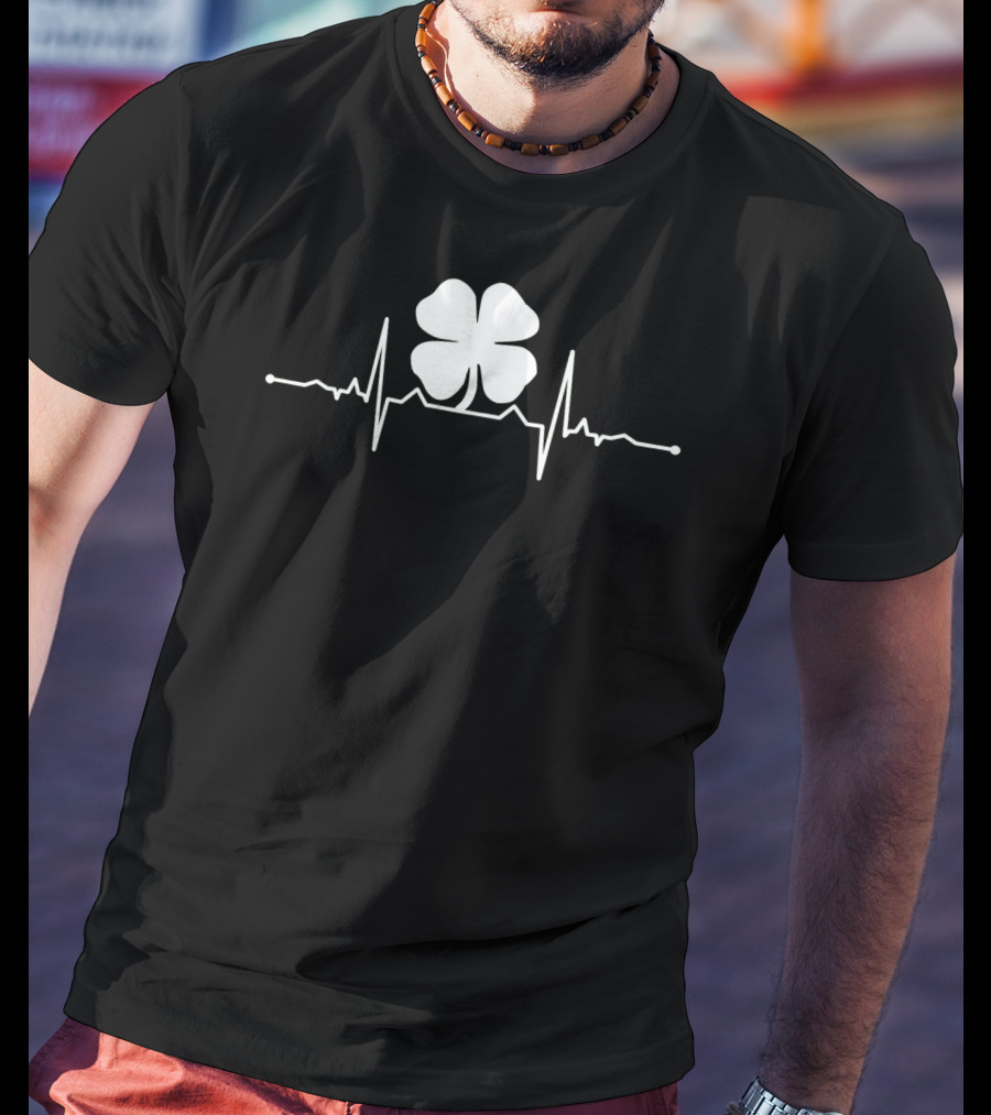 Heartbeat Irish Four Leaf Clover Pulsing EKG Shamrock T-Shirt