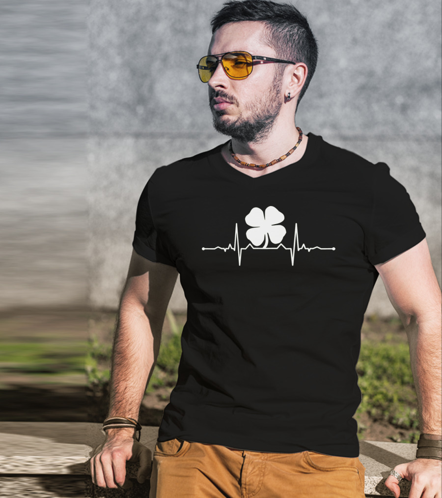 Heartbeat Irish Four Leaf Clover Pulsing EKG Shamrock T-Shirt