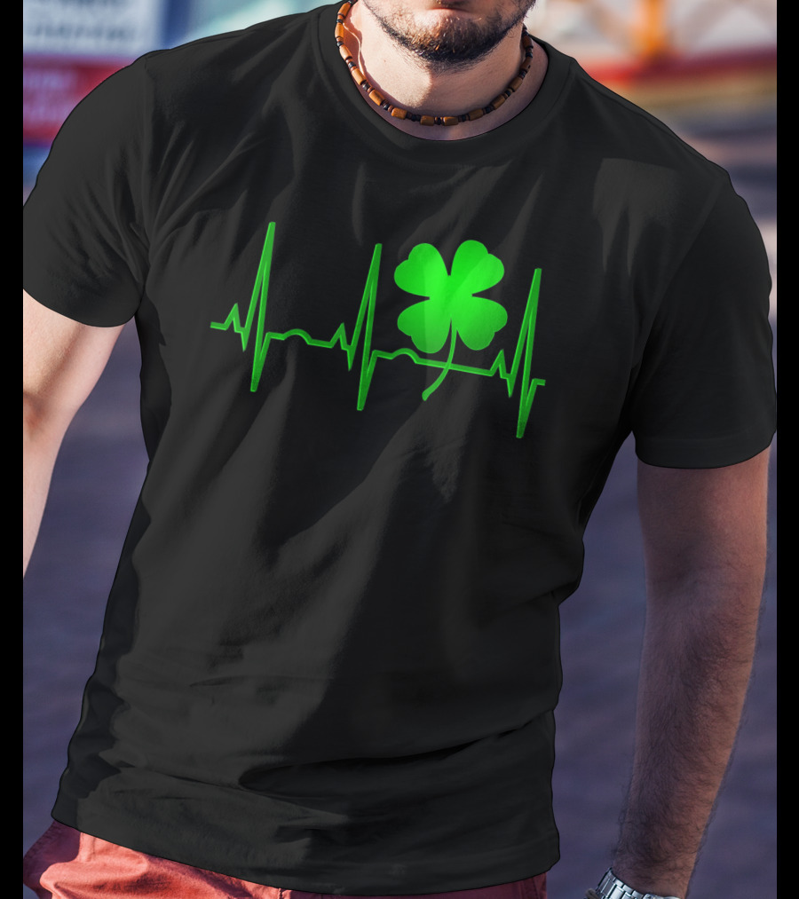 St Patricks Day Irish Shamrock Heartbeat EKG T-Shirt