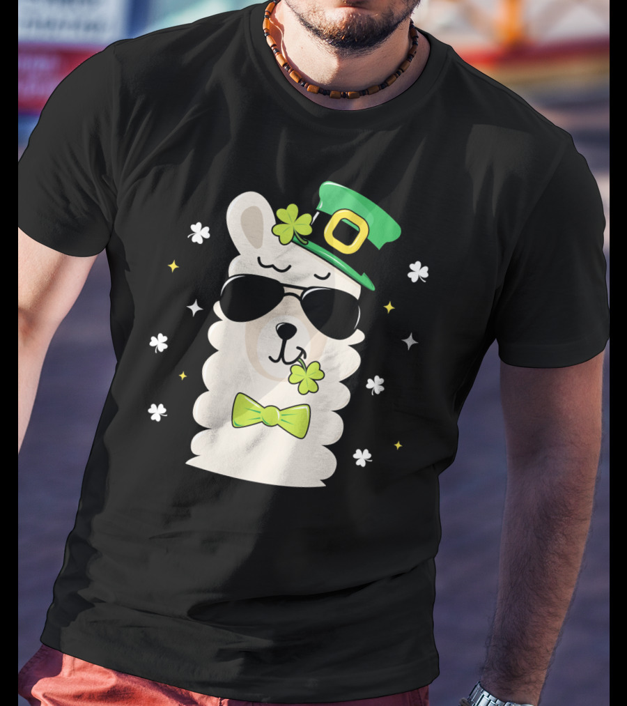 Llama Leprechaun Kids St Patricks Day Clover Hat Sunglasses Bow Tie T-Shirt