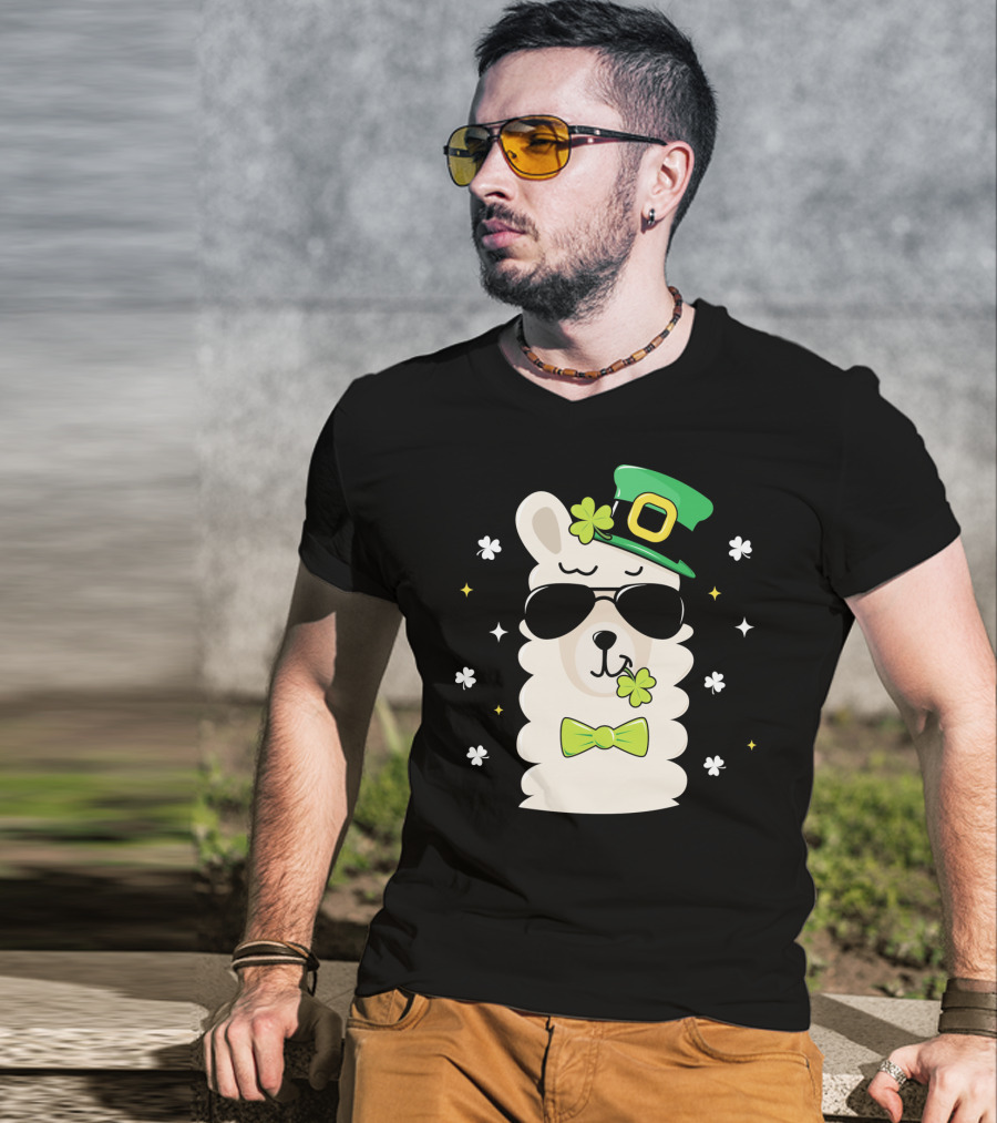 Llama Leprechaun Kids St Patricks Day Clover Hat Sunglasses Bow Tie T-Shirt