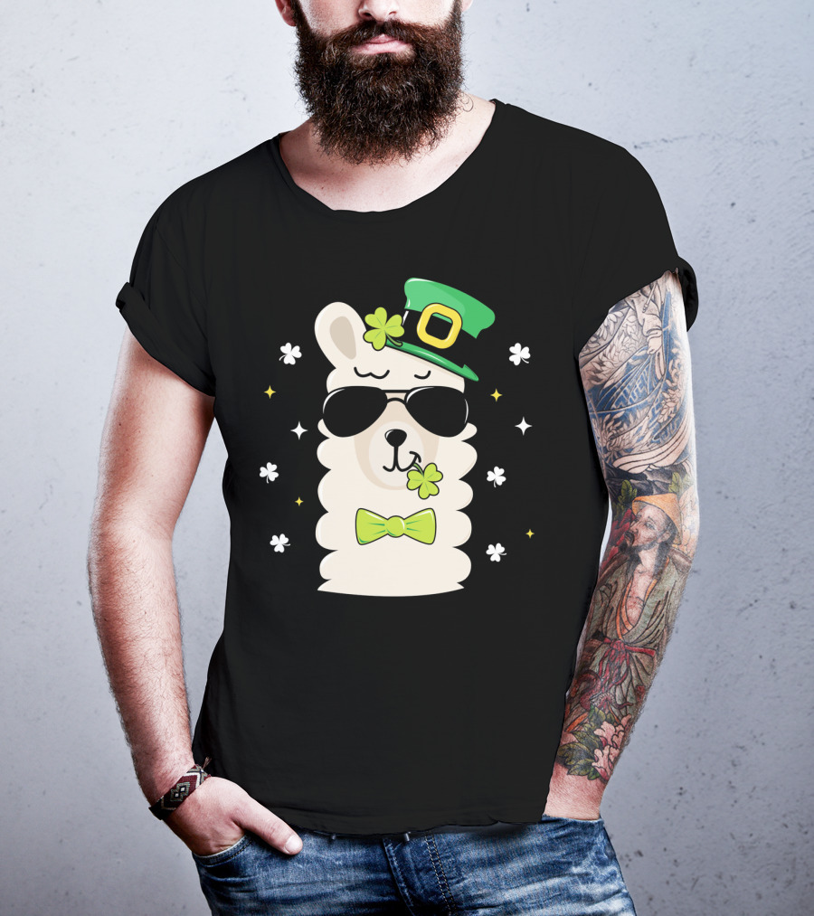 Llama Leprechaun Kids St Patricks Day Clover Hat Sunglasses Bow Tie T-Shirt