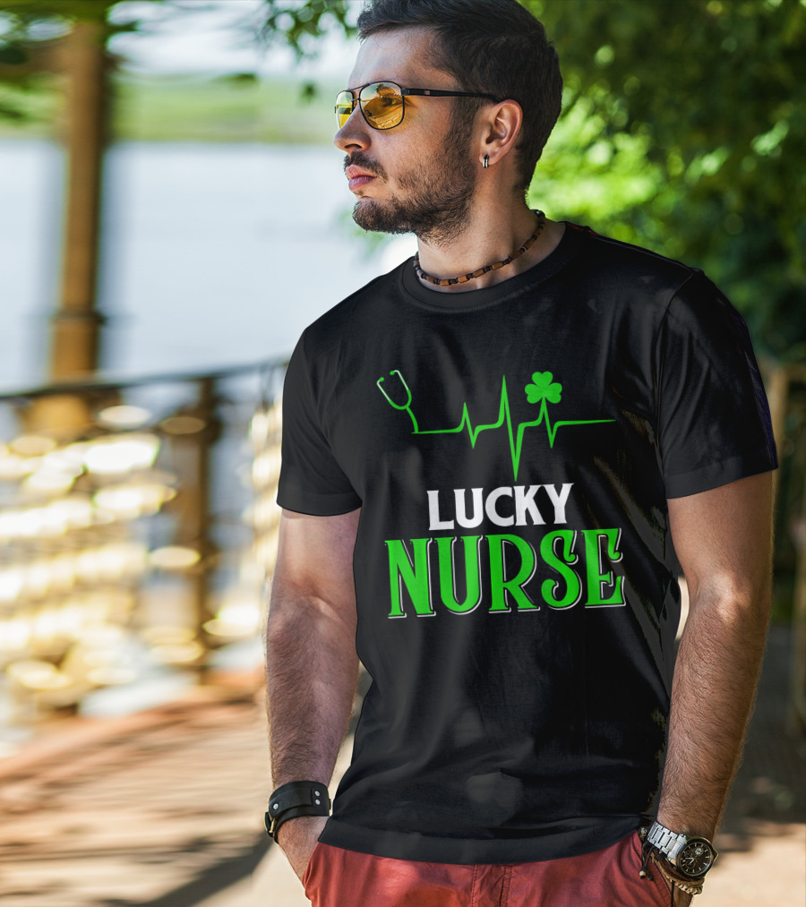 LUCKY NURSE Stethoscope Shamrock Heartbeat T-Shirt