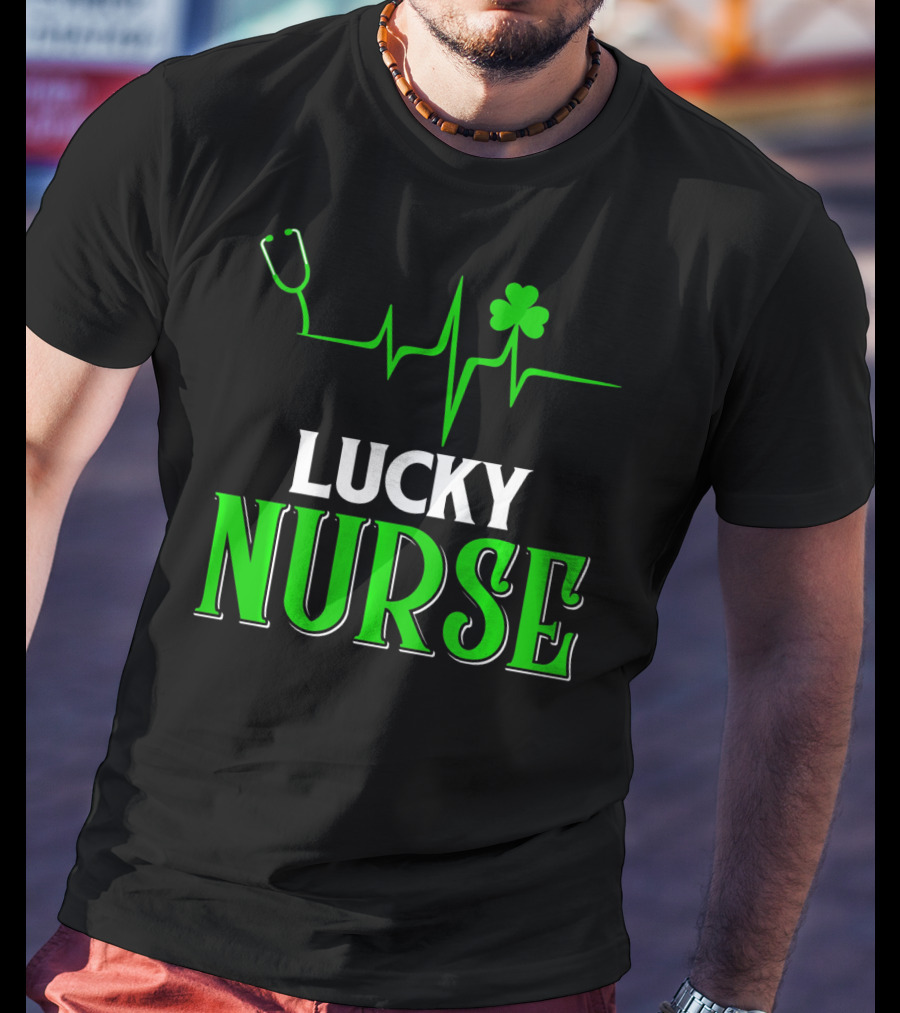 LUCKY NURSE Stethoscope Shamrock Heartbeat T-Shirt