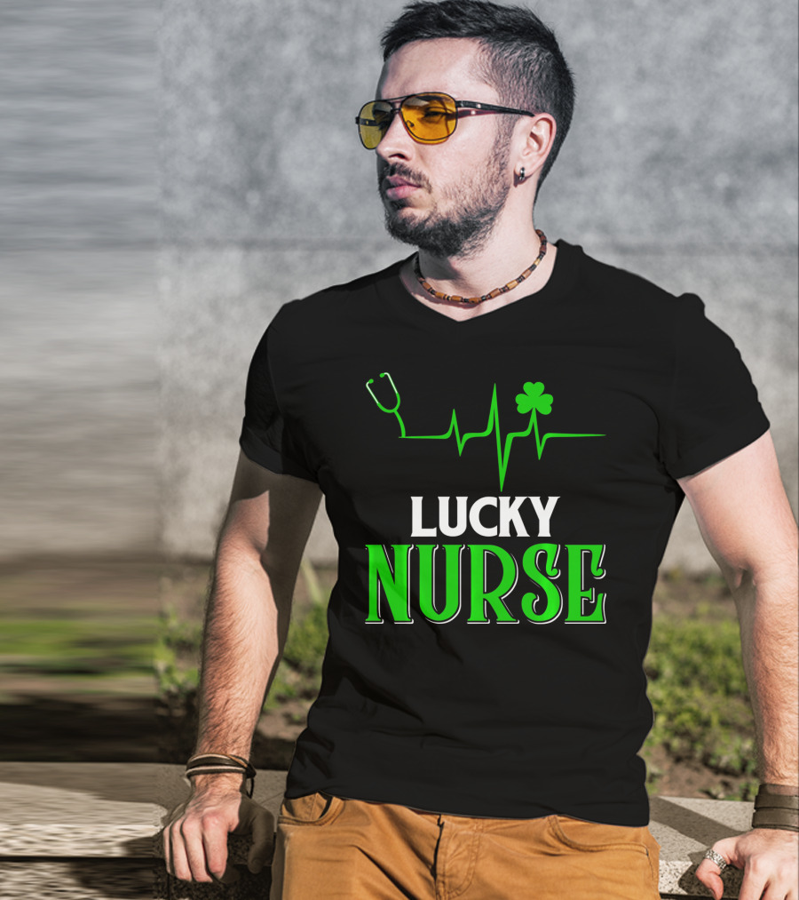 LUCKY NURSE Stethoscope Shamrock Heartbeat T-Shirt