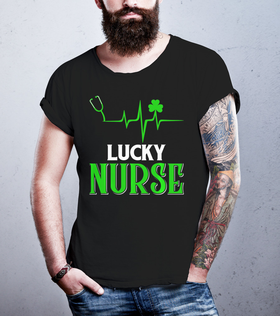 LUCKY NURSE Stethoscope Shamrock Heartbeat T-Shirt