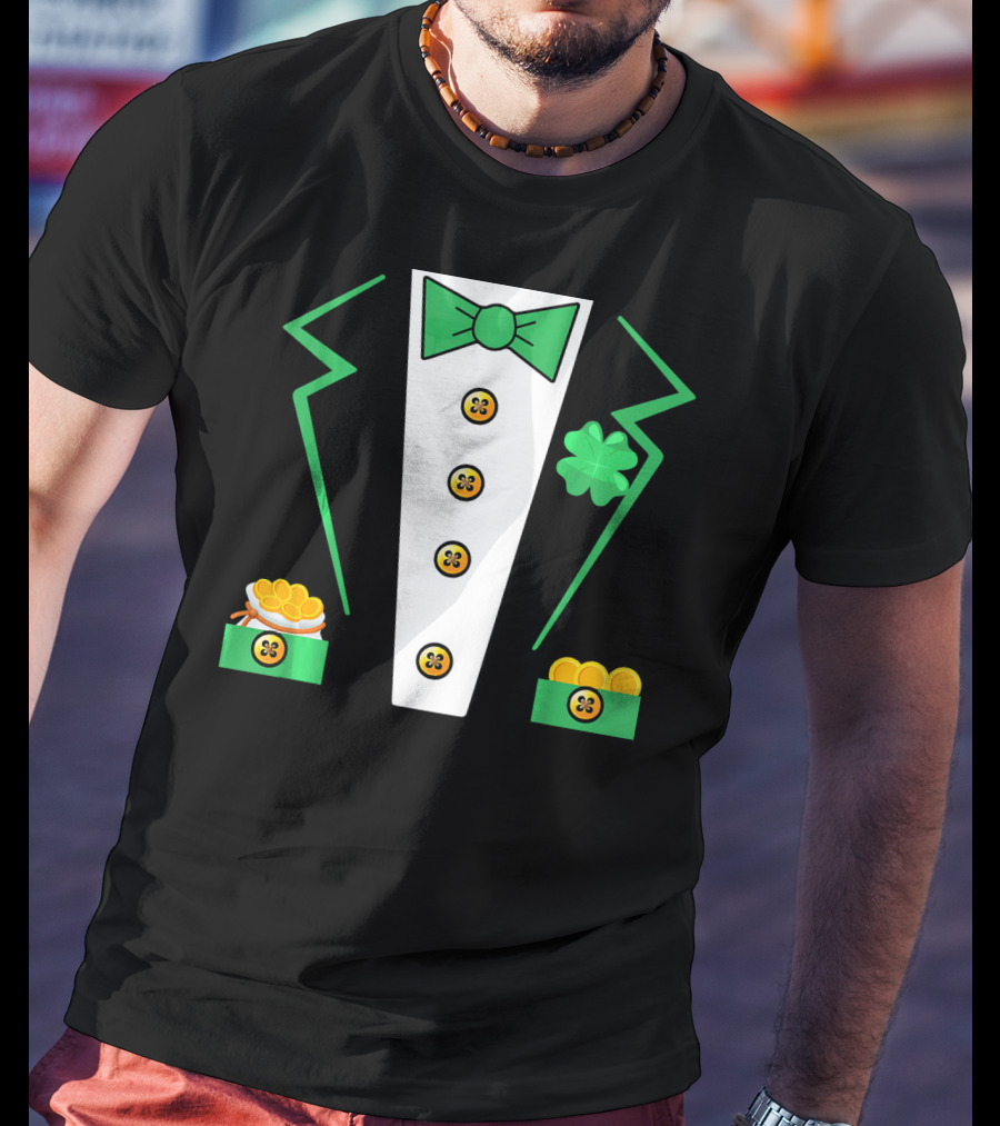 St. Patrick's Day Leprechaun Tuxedo With Shamrock And Coin Boxes T-Shirt