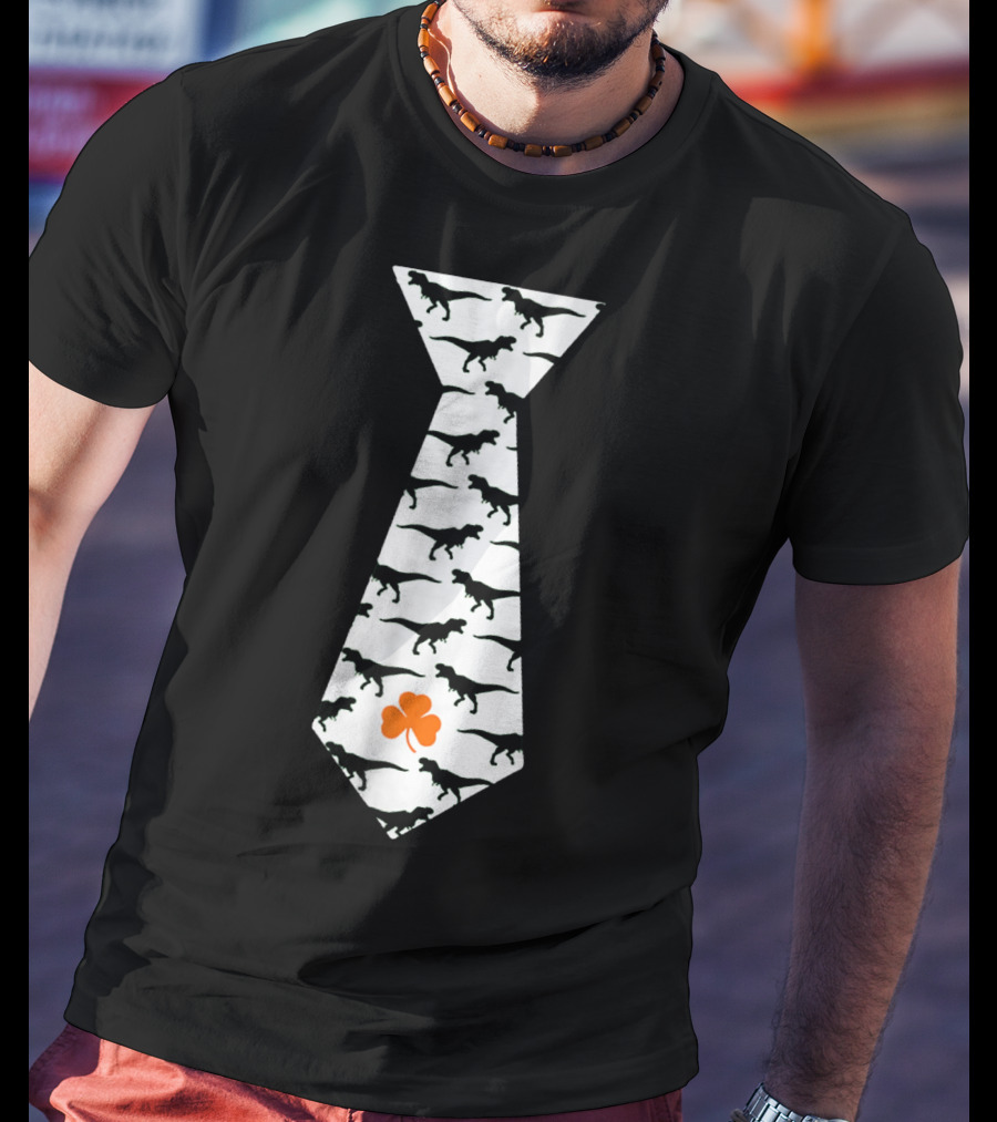 Cool St Patricks Day Dinosaur Tie Clover T-Shirt