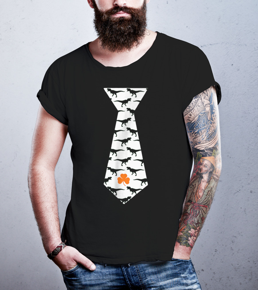 Cool St Patricks Day Dinosaur Tie Clover T-Shirt