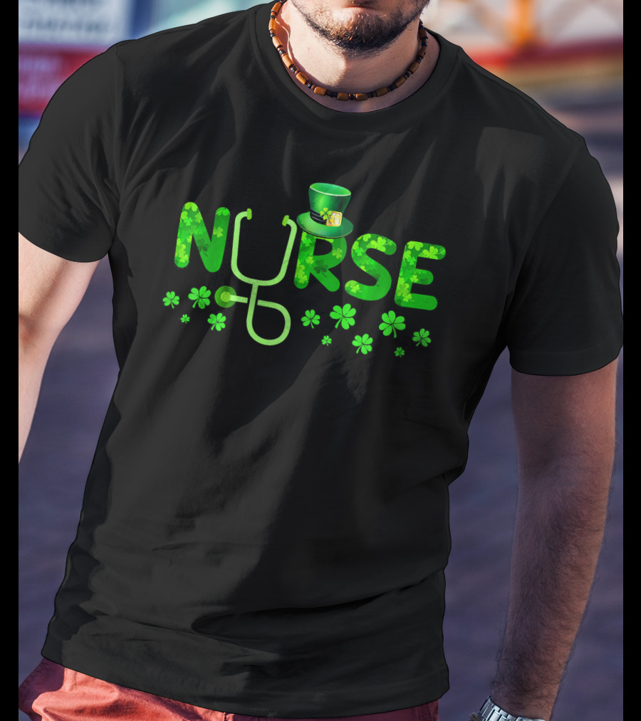 Nurse Shamrock Leprechaun Hat Stethoscope Clover T-Shirt