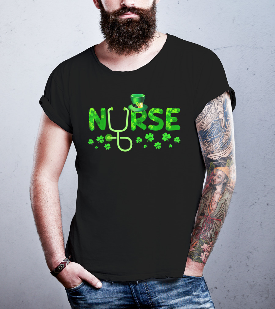 Nurse Shamrock Leprechaun Hat Stethoscope Clover T-Shirt