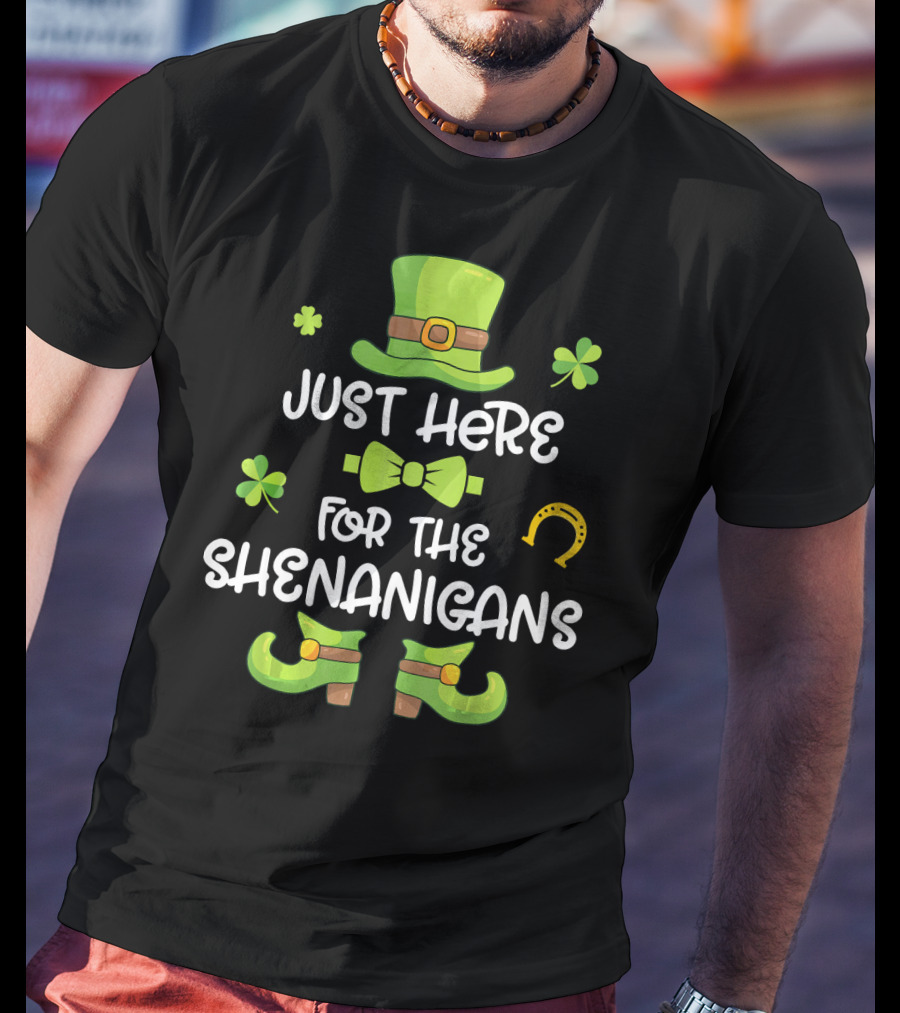 Just Here For The Shenanigans Leprechaun Dance Shamrock Gold T-Shirt