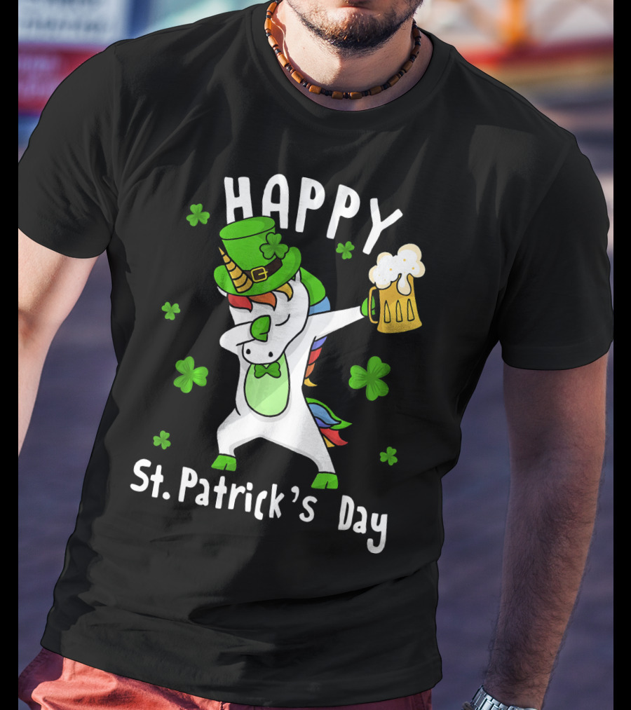 Happy St. Patrick's Day Dabbing Unicorn With Leprechaun Hat And Beer Mug T-Shirt