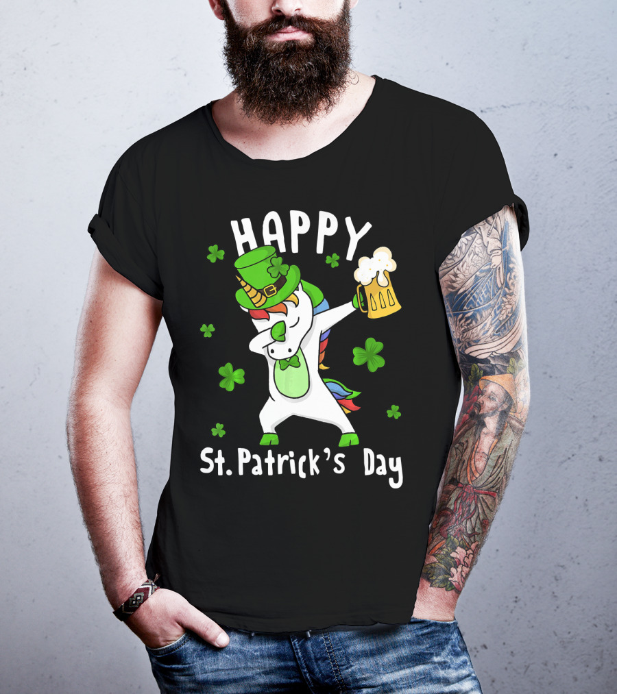 Happy St. Patrick's Day Dabbing Unicorn With Leprechaun Hat And Beer Mug T-Shirt