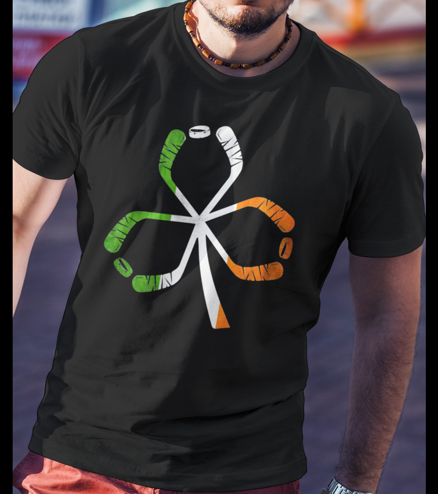 Ice Hockey Shamrock Green White Orange Sticks T-Shirt