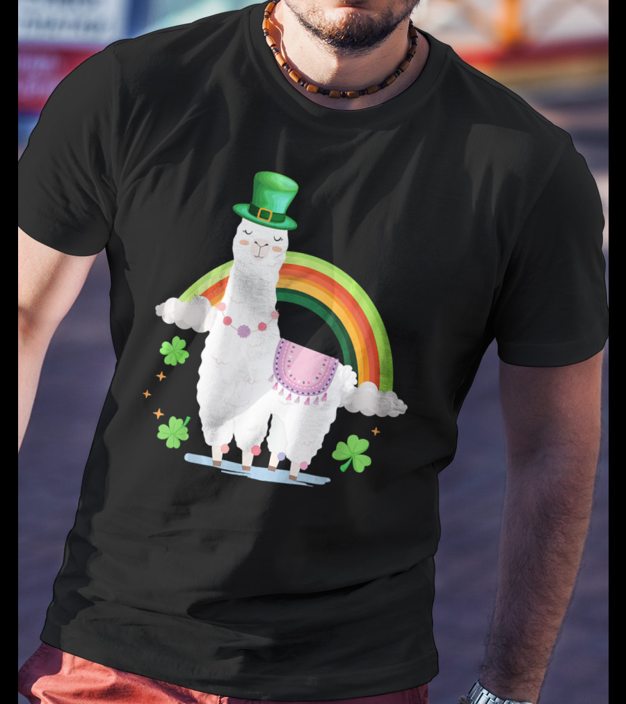 Llama St Patricks Day Rainbow Leprechaun Hat With Shamrocks T-Shirt